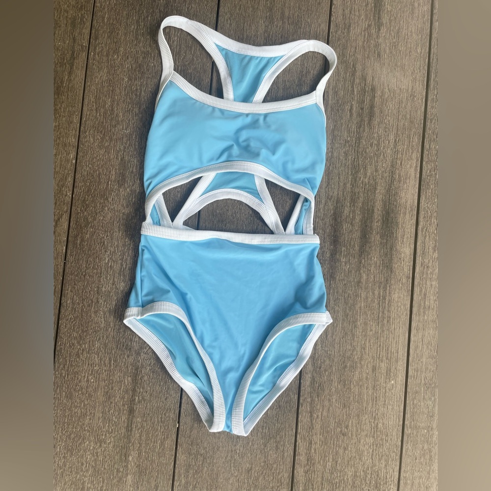 aerie Light Blue One-Piece Swimsuit with White Trim